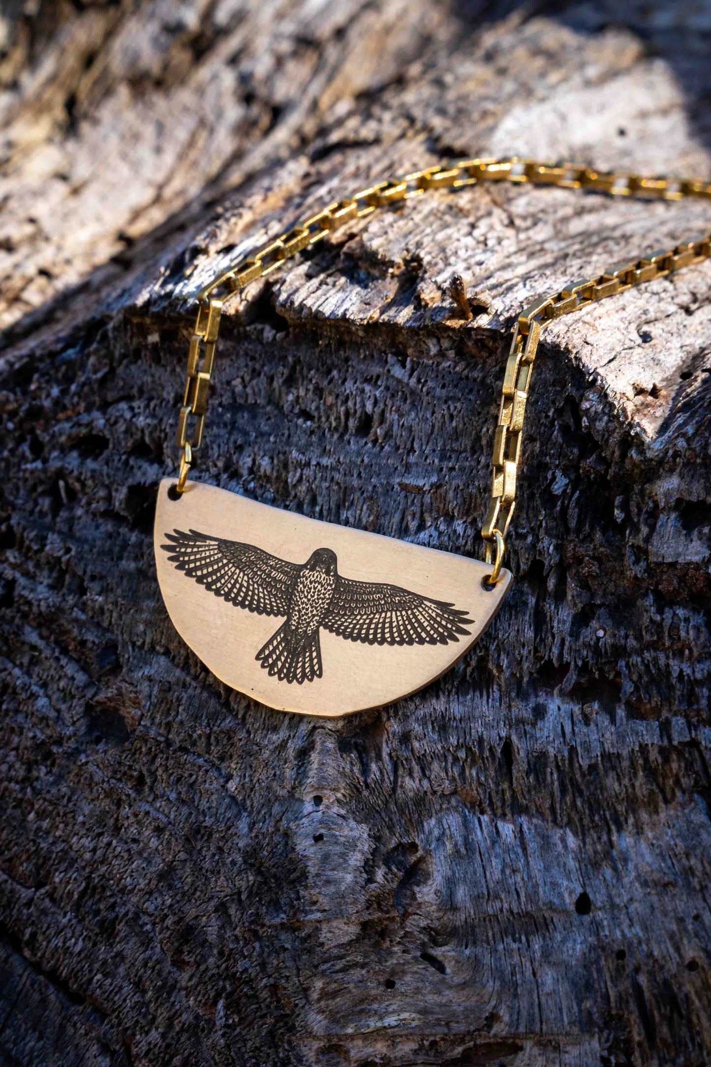 Red Tail Hawk Engraved Brass Necklace