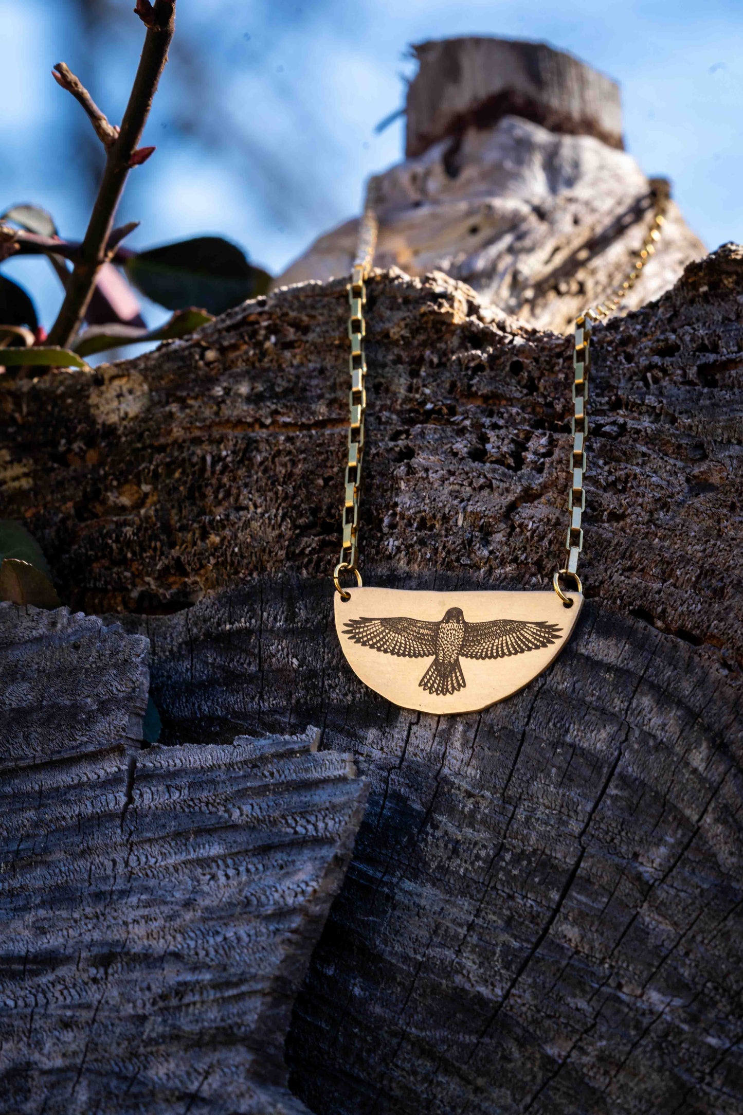 Red Tail Hawk Engraved Brass Necklace