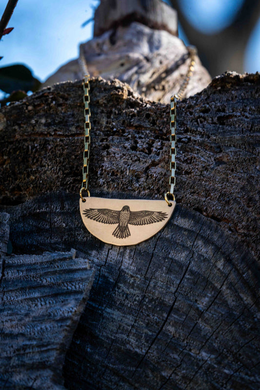 Red Tail Hawk Engraved Brass Necklace