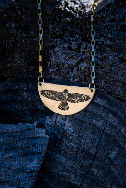 Red Tail Hawk Engraved Brass Necklace